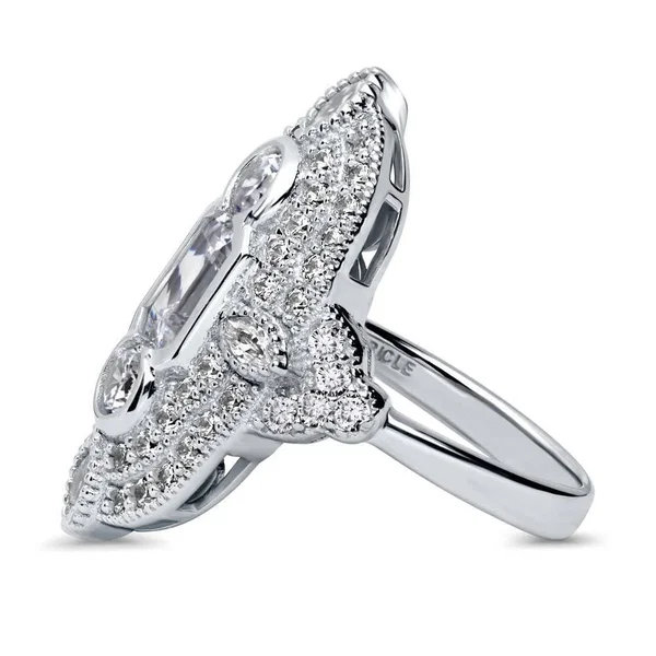 Berricle Sterling Silver Cubic Zirconia CZ Statement Art Deco Milgrain Cocktail Fashion Right Hand Ring Size 7