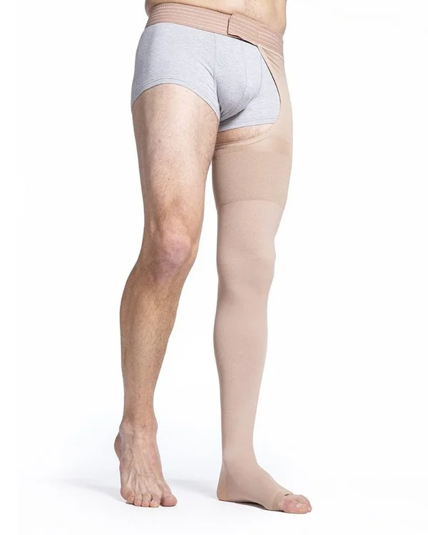Sigvaris Natural Rubber 40-50 mmHg Open Toe Thigh High w/ Waist Attachment, Beige, S4, Right