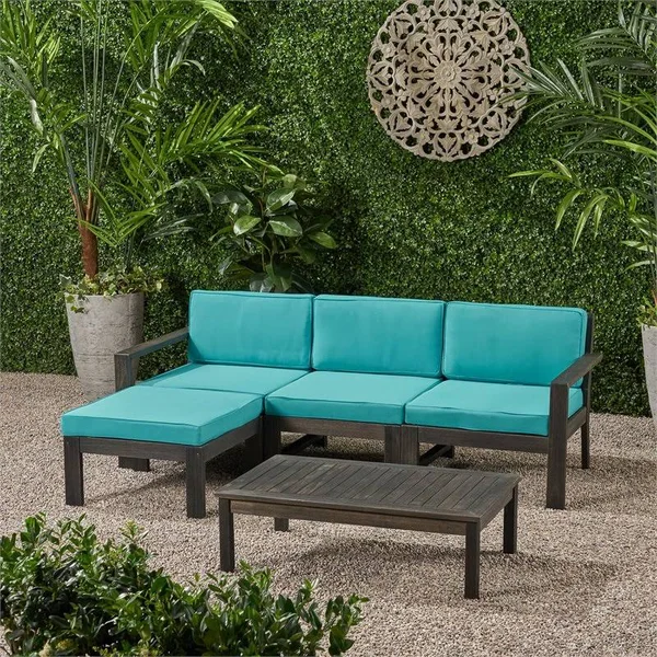Noble House Santa Ana 3 Seater Acacia Wood Sofa Sectional with Cushion Dark Gray/Teal