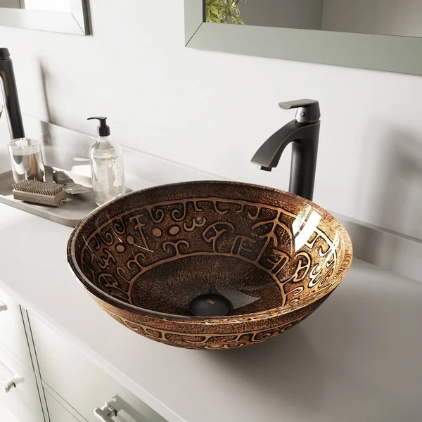 Vigo VGT371 Golden Greek Glass Vessel Sink and Linus Faucet Set in Antique Rubbed Bronze