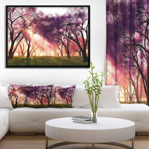 Designart 'Cherry Blossoms Japan Garden' Landscape Framed Canvas Art Print (42 in. Wide x 32 in. High), Black, Design Art
