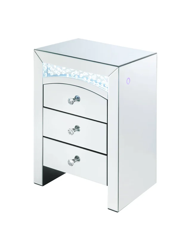 Mirrored Wooden Night Table with 3 Storage Drawers and Knobs Silver