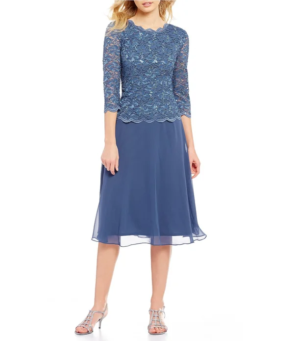 Alex Evenings Petite Tea Length Sequin Lace Mock Women's Dress : 12p