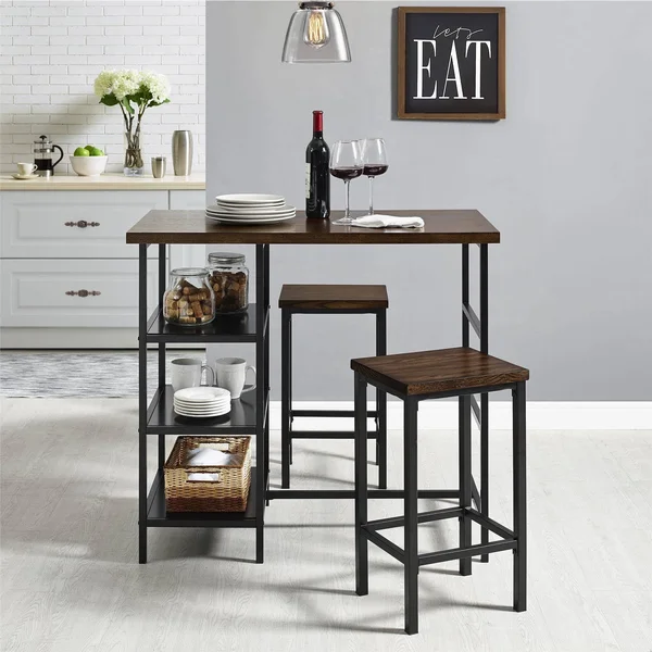 Mainstays 3-Piece Metal Pub Set with Wood Top - Dark Mahogany