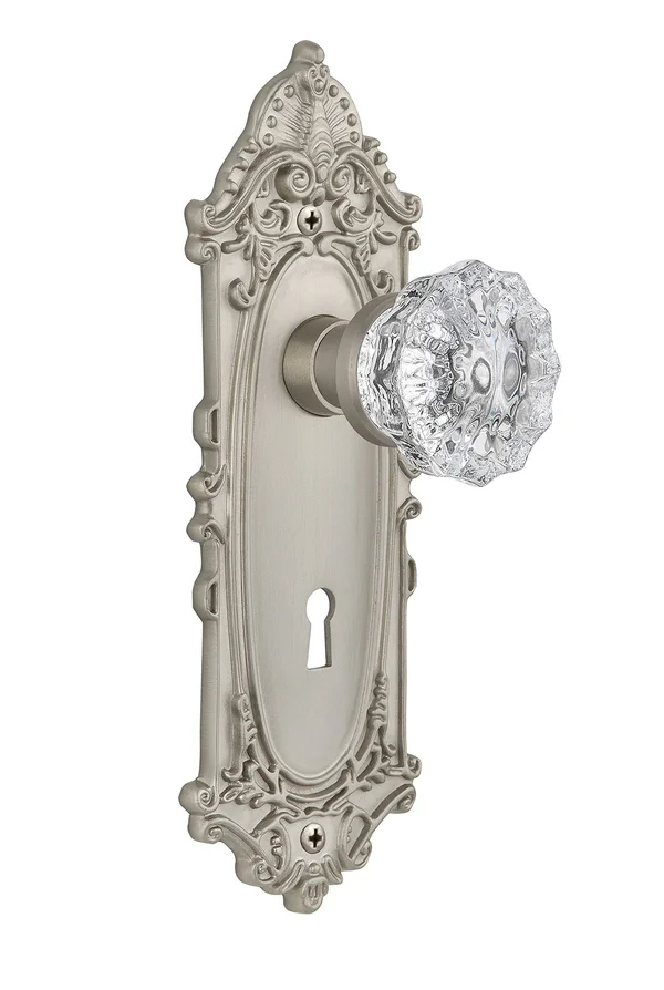 Nostalgic Warehouse 702092 Victorian Plate with Keyhole Privacy Crystal Glass Door Knob - Satin Nickel