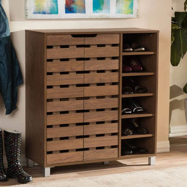 Baxton Studio Shirley 2 Door Shoes Cabinet with Open Shelves - Walnut Brown