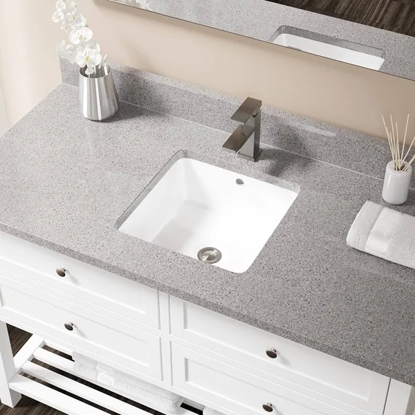 Mr Direct U1414-W-PUD-BN White Undermount Porcelain Bathroom Sink Ensemble - Brushed Nickel