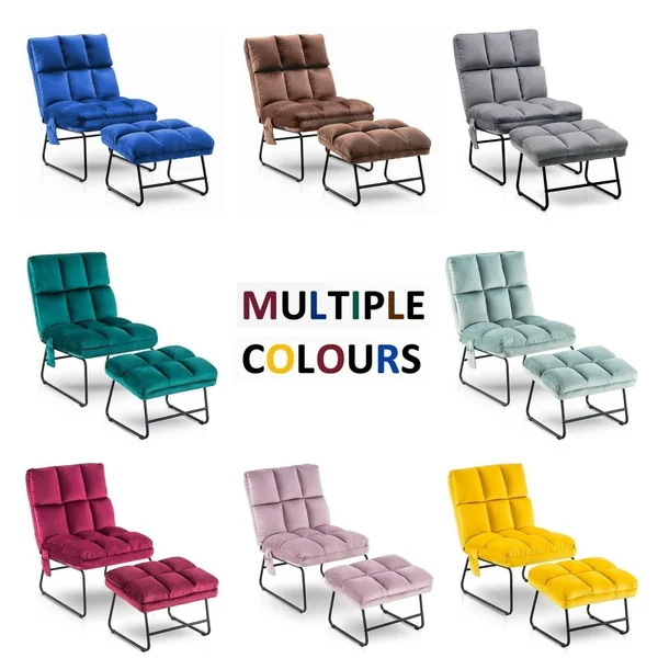 Mcombo Accent Chair with Ottoman, Velvet Modern Side Pocket Metal Legs, Club Chair Lounge Sofa Couch 0014 - Blue