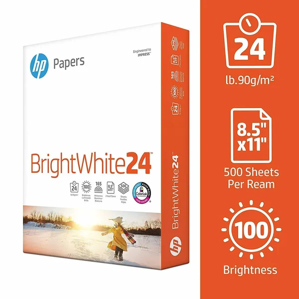 HP Printer Paper - BrightWhite24, 8.5 x 11, Letter, 24lb, 97 Bright, 2, 500 Sheets