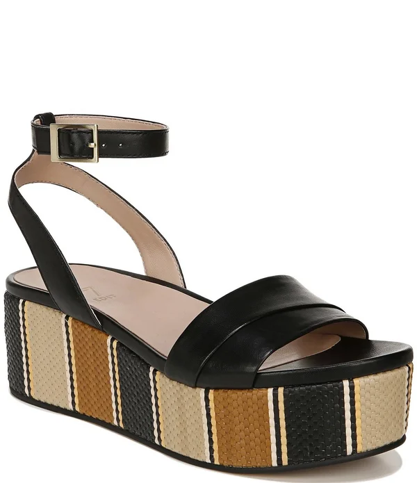 27 Edit Jamari Leather Striped Platform Sandals, Womens, 5M, Black