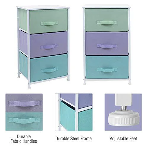 Nightstand with 3 Drawers - Bedside Furniture, Steel Frame, Wood Top, Easy Pull Fabric Bins, Pastel/white