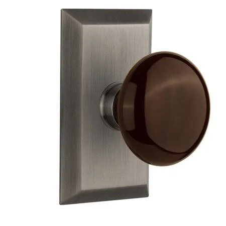 Nostalgic Warehouse 713579 Brown Porcelain Double Dummy Door Knob with Studio Plate Finish: Antique Pewter