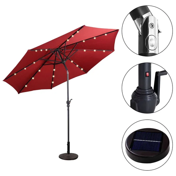 Costway 10ft Patio Solar Umbrella LED Patio Market Steel Tilt w/ Crank (Burgundy)
