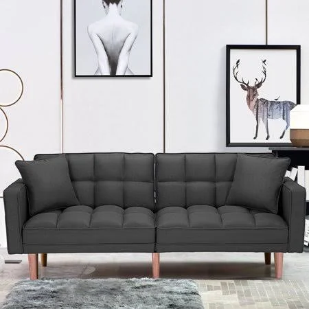 Yofe Sofa Bed, Convertible Sofa Bed, Sofa and Couch with Wood Legs, Modern Futon Couch with 2 Pillows, Futon Sleeper Sofa Bed fo