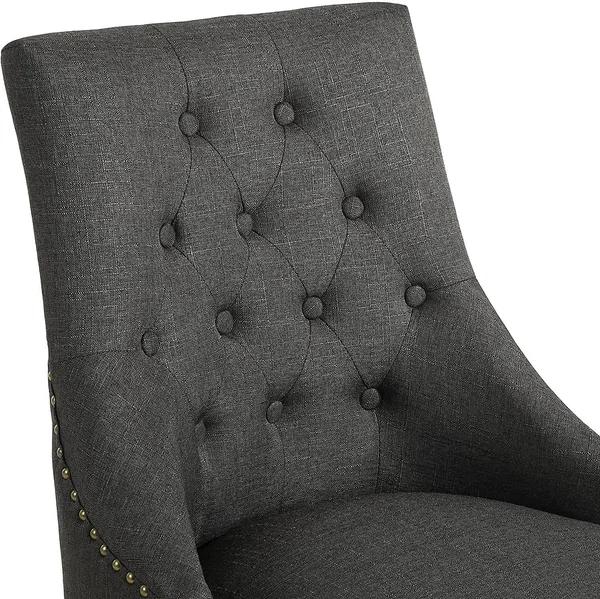LSSBOUGHT Set of 2 Fabric Dining Chairs Leisure Padded Chairs with Black Solid Wooden Legs, Nailed Trim, Charcoal