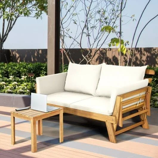 Adjustable Patio Convertible Sofa with Thick Cushion-White