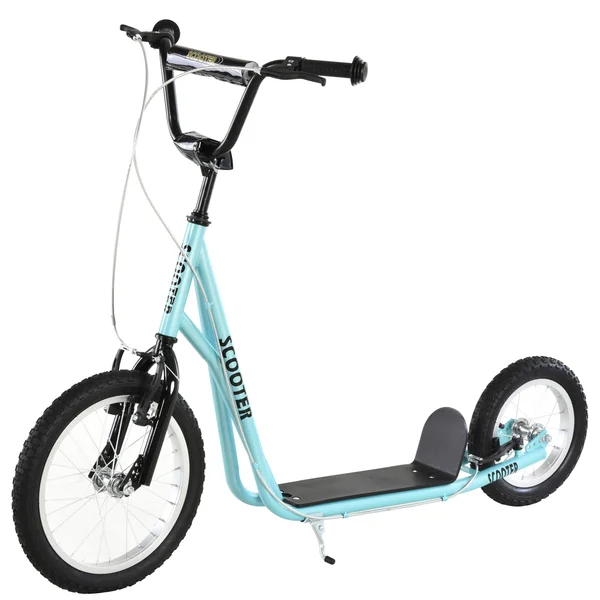 Aosom Teens Youth Scooter Ride on Toy with Adjustable Handlebar - Dual Brakes, and Inflatable Wheels for Kids 5+ - Blue