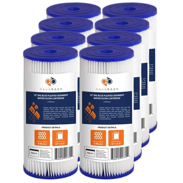8pk of Big Blue Whole House 5 Micron Pleated Washable Sediment Water Filter 10 inchx4.5 inch by Aquaboon