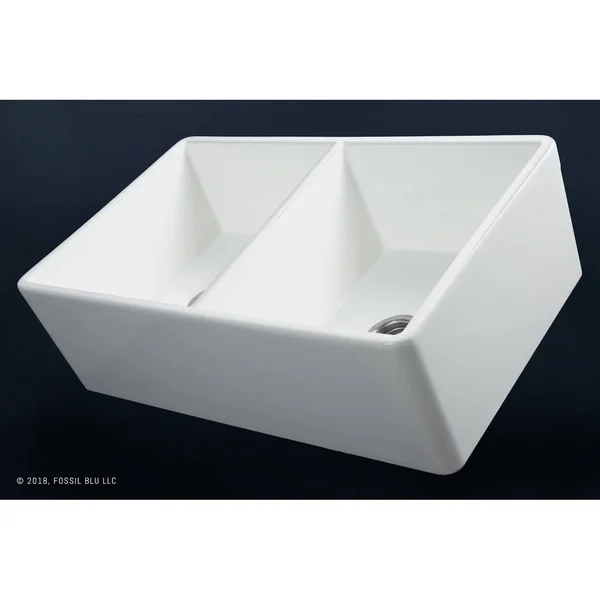 Fossil Blu Luxury 33 in. Ultra Fine Fireclay Modern Farmhouse Kitchen Sink in White - Double Bowl with Flat Front, Includes Drain