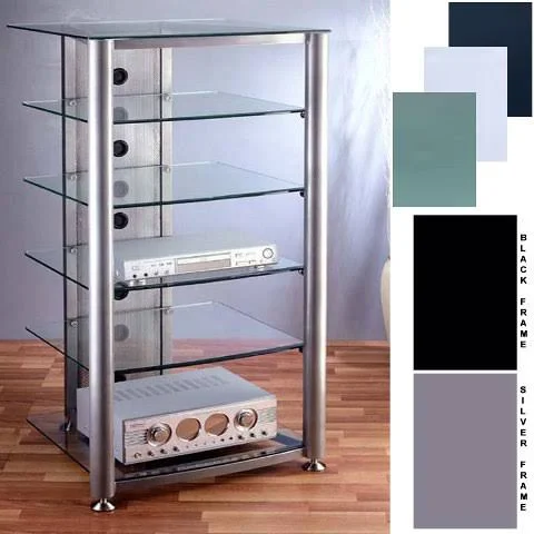 VTI Manufacturing RGR406S 4 Silver Poles 6 Clear Glass Shelves AV Stand