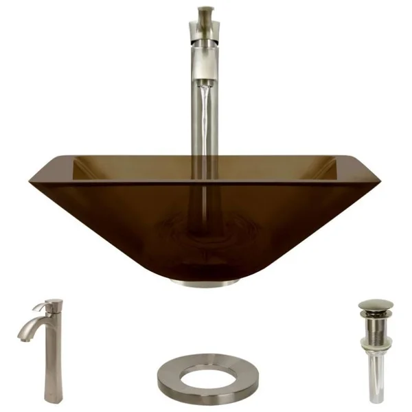 Rene R5-5003-CAS-R9-7006 16-1/2x22 Glass Vessel Bathroom Sink with Vessel Faucet Cashmere, Brushed