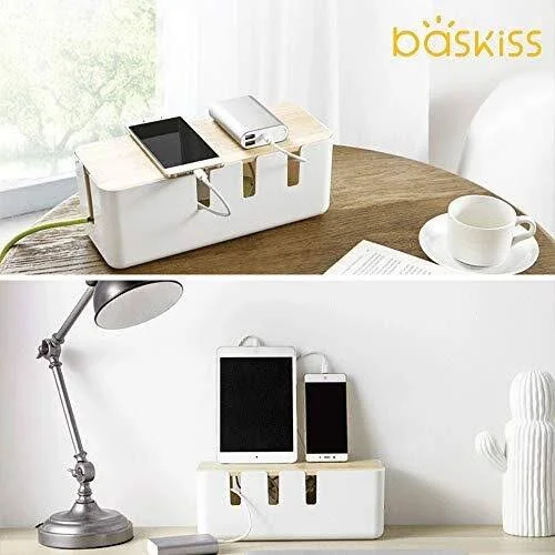 Cable Management Box by Baskiss - 12x5x4.5 Inches, Wood Lid, Cord Organizer for Desk TV Computer USB Hub System to Cover and Hide
