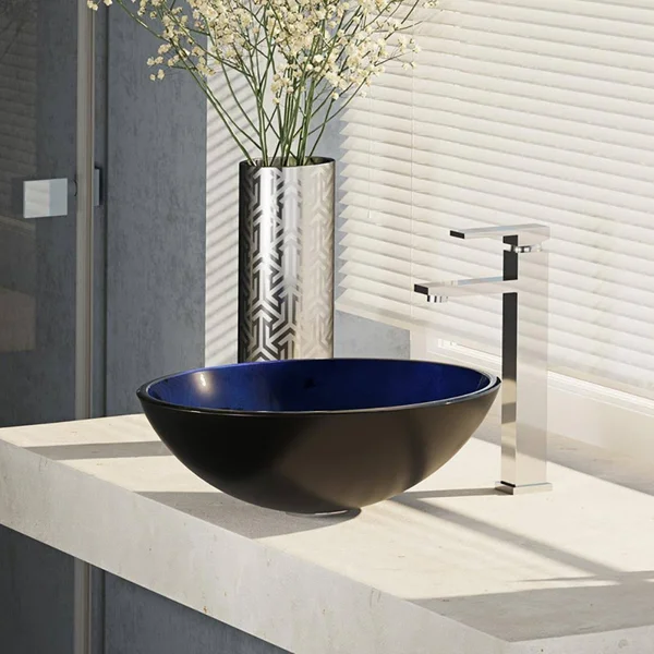 Rene R5-5008-R9-7003-C Foil Undertone Glass Vessel Sink with Chrome Vessel Faucet, Sink Ring, and Vessel Pop-Up Drain