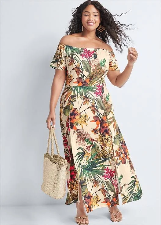 Women's Off-The-Shoulder Maxi Dress - White/Multi - Size S by Venus