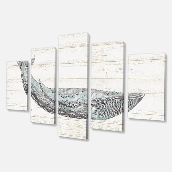 Designart &Blue Whale Watercolor& Nautical & Coastal Gallery-Wrapped Canvas - 60 in. Wide x 32 in. High - 5 Panels Diamond S