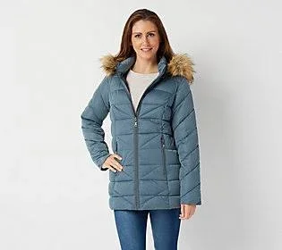 Nuage Stretch Diagonal Quilted Coat with Removable Hood - Size 1X, Soft Blue