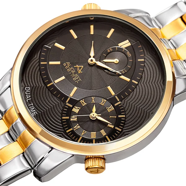 August Steiner Men's Dual Time Easy-to-Read Two-Tone Stainless Steel Bracelet Watch