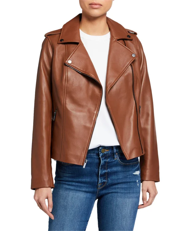 Neiman Marcus Leather Collection Zip-Front Leather Moto Jacket, Cognac Cider, Women's, M