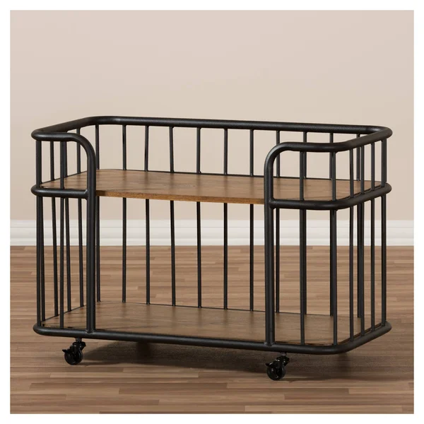 Baxton Studio Porter Rustic Industrial Style Antique Black Textured Finished Metal Distressed Ash Wood Mobile Serving Bar Cart