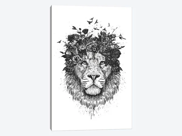 Balazs Solti Large Canvas Art Prints - Floral Lion in Black and White ( Animal Art > Wildlife > Wild Cats > Lions ar