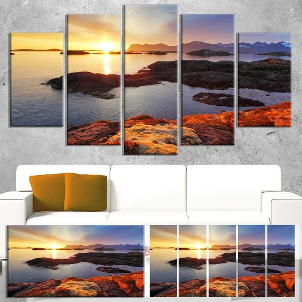 Designart PT14793-60-28 Ocean Coast Nice Sunset in Norway Canvas Artwork Print - 60X28x22