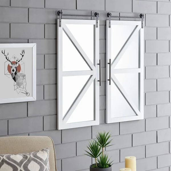 FirsTime & Co. 14 x 2 x 34 in. Wood White Carriage Farmhouse Barn Door Mirror 2-Piece Set