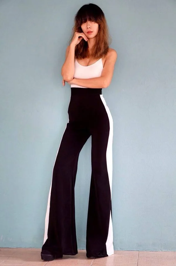 Women's Black with White Striped Casual Wide Leg Pants High Waisted - Vintage 70s fashion/Casual/Urban Pants.