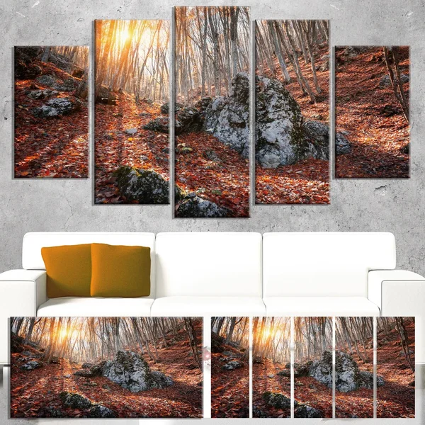 'Rocky Red Autumn Forest' 4 Piece Photographic Print on Wrapped Canvas Set Design Art