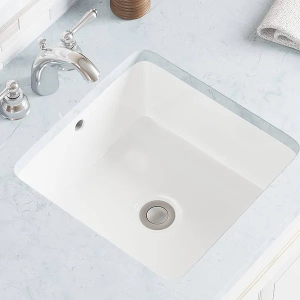 Mr Direct U1414-W-PUD-BN White Undermount Porcelain Bathroom Sink Ensemble - Brushed Nickel