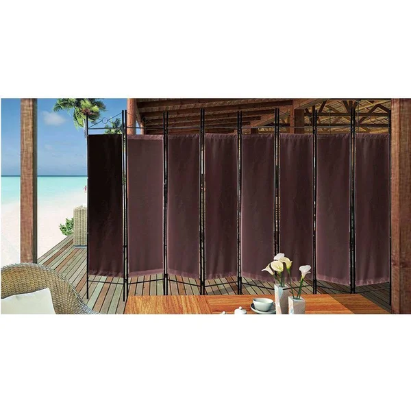 Legacy Decor 8 Panel Metal and Woven Fabric Room Divider with Two Way Hinges Brown Color