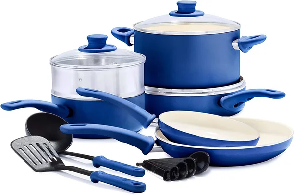 Greenlife Soft Grip Healthy Ceramic Nonstick Blue Cookware Pots and Pans Set, 12-Piece