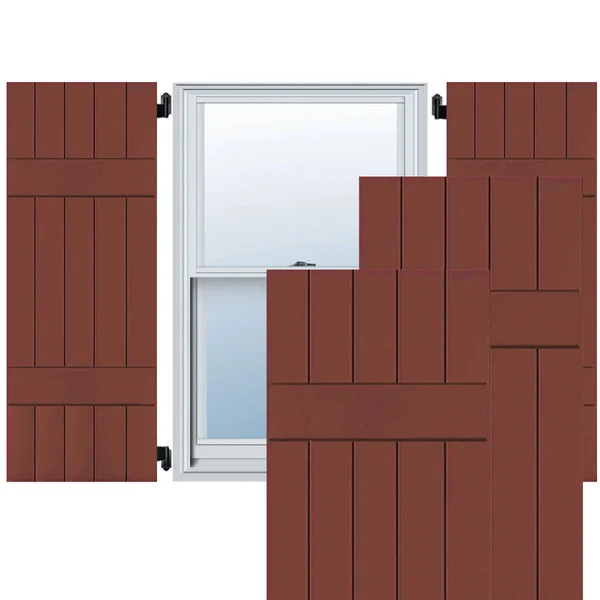 Ekena Millwork 18 in. x 28 in. Exterior Real Wood Sapele Mahogany Board and Batten Shutters Pair Country Redwood