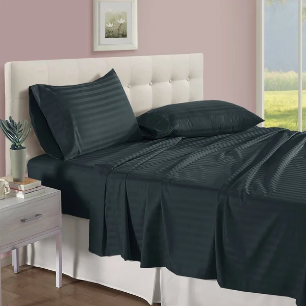 Addy Home Fashions 100% Egyptian Cotton 500 Thread Count Damask Stripe 4 Piece Sheet Set - King - Dark Slate