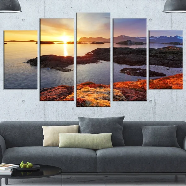 Designart PT14793-60-28 Ocean Coast Nice Sunset in Norway Canvas Artwork Print - 60X28x22
