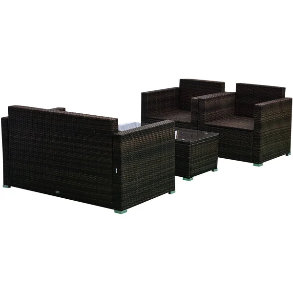 Outsunny 4-Piece Cushioned Patio Furniture Set - with 2 Chairs, Sectional, and Glass Coffee Table, Rattan Wicker, Brown