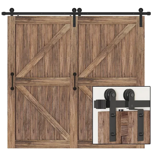 winsoon 7.5 ft./90 in. Single Track Bypass Sliding Barn Door Hardware Kit for Double Doors Low Ceiling, Frosted Black
