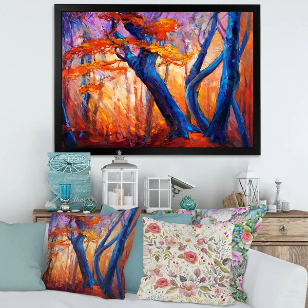Designart 'Blue Silhouettes of Trees in Orange Autumn Forest' Farmhouse Framed Art Print - 40 in. Wide x 30 in. High - Black