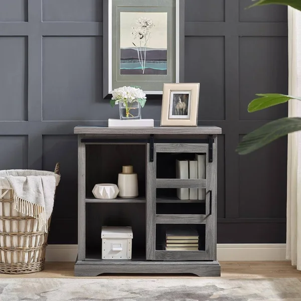 Walker Edison Furniture Company 32 in. Slate Grey Sliding Glass Door Accent Cabinet