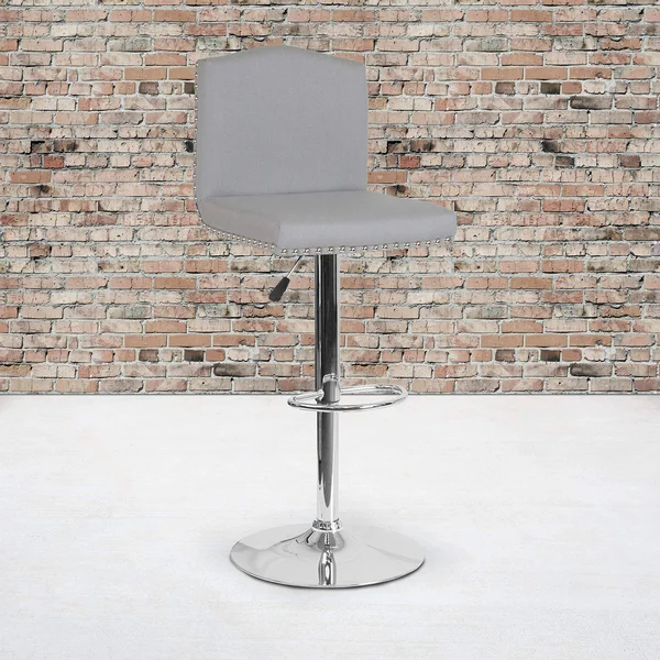 Bellagio Contemporary Adjustable Height Barstool with Accent Nail TRIM, Light Gray Fabric