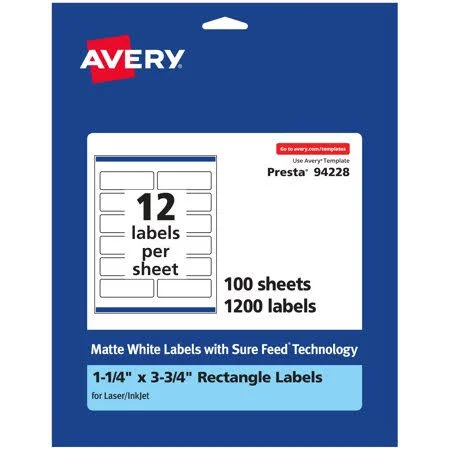 Avery Matte White Rectangle Labels, 1.25 inch x 3.75 inch, 1, 200 Labels, Size: 1.25 x 3.75